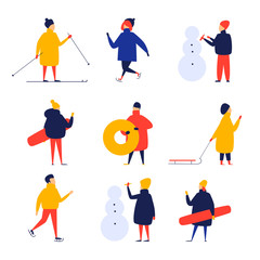 Fototapeta na wymiar Group of people skiing, sculpting a snowman, decorating a Christmas tree, snowboard, new year. Flat style vector illustration.