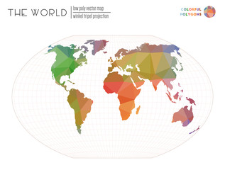 Abstract world map. Winkel tripel projection of the world. Colorful colored polygons. Stylish vector illustration.