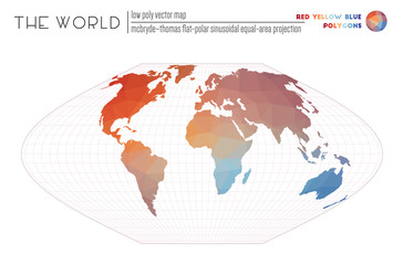 Low poly world map. McBryde-Thomas flat-polar sinusoidal equal-area projection of the world. Red Yellow Blue colored polygons. Trending vector illustration.