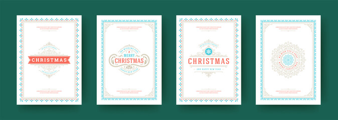 Christmas cards set vintage typographic design ornate decorations symbols with winter holidays wish vector illustration