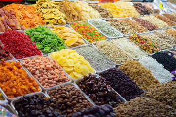 dried fruits, nuts and candied fruits on the market