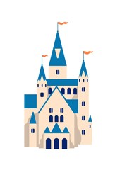Medieval castle flat vector illustration. Cartoon fairytale fortress. Princess residence, royal palace isolated on white background. Stronghold with towers, building facade, historical architecture. - obrazy, fototapety, plakaty