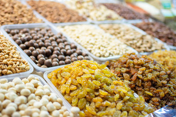 dried fruits, nuts and candied fruits on the market