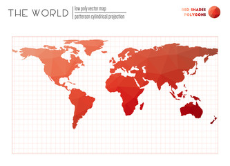 Low poly design of the world. Patterson cylindrical projection of the world. Red Shades colored polygons. Beautiful vector illustration.