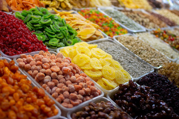 dried fruits, nuts and candied fruits on the market