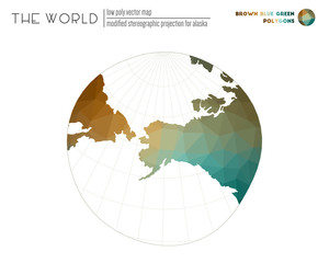 Triangular mesh of the world. Modified stereographic projection for Alaska of the world. Brown Blue Green colored polygons. Modern vector illustration.