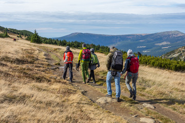 Tourists on the trail in the Karkonosze Mountains, Czech Republic, Karkonosze National Park,...