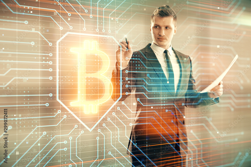 Poster man and blockchain theme hologram. multi exposure. concept of cryptocurrency