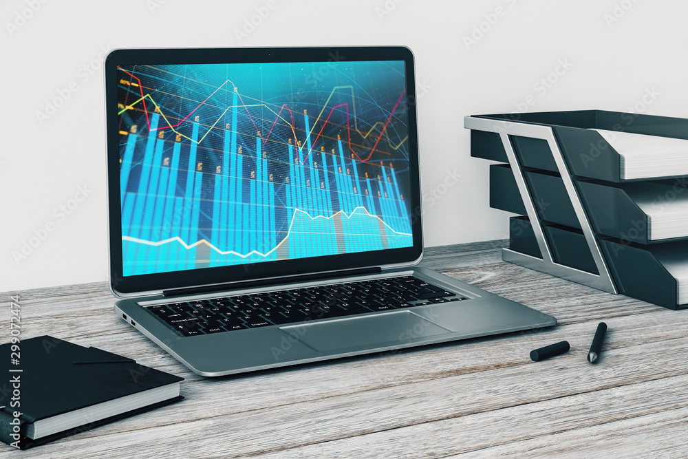 Poster laptop closeup with forex graph on computer screen. financial trading and education concept. 3d rend