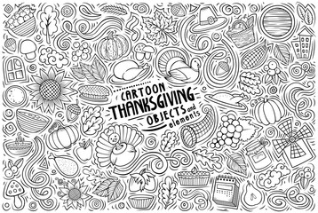 Sketchy hand drawn doodle cartoon set of Thanksgiving objects and symbols