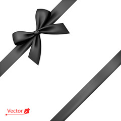 Black bow with diagonally ribbon on the corner. Vector bow for page decor, gifts, greetings, holidays.