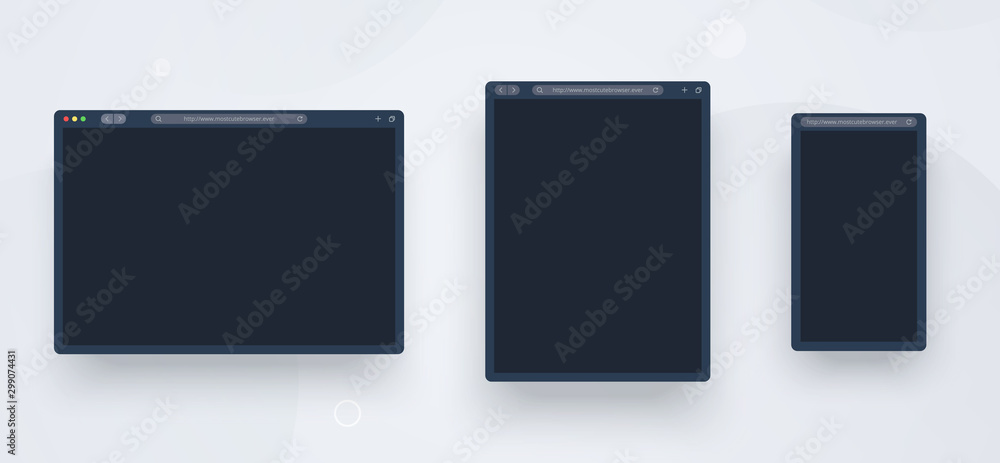 Poster browser mockup set web, mobile and tablet size in dark theme. template for website, internet page, f