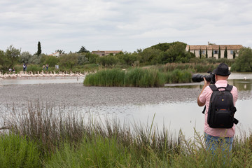 FOTOGRAFO DI SPALLE CHE FOTOGRAFA CON UN TELEOBIETTIVO DEI FENICOTTERI ROSA  NEL LAGO DI UNA RISERVA NATURALE 