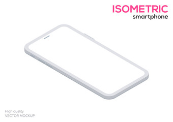 White smartphone mock up in isometric style with blank screen isolated. Mobile phone template for ux app and web presentation. Perspective view of vector cell isometric mobile device illustration.