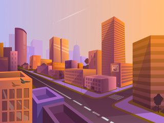 City street road skyscraper buildings view modern cityscape downtown, horizontal flat vector illustration