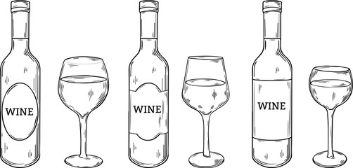 different types of wine glasses and wine bottles with label, hand drawn style vector illustration 