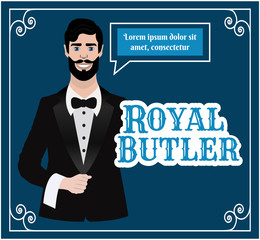 Naklejka premium Elegant Vintage Butler holding a towel. Classy Waiter illustration. Gentleman. A happy, smiling, nice man wearing the suit, costume, bow tie. Victorian, old style, retro style, fashion. Decorations.