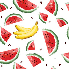 Watermelon pattern vector. Pixel art. 8 bit. Cute seamless vector pattern with watermelons and dots.