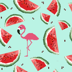 Watermelon pattern vector. Pixel art. 8 bit. Cute seamless vector pattern with watermelons and dots.