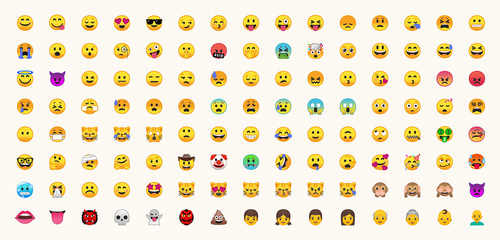 All emojis vector set. All face emoticons, smileys vector icons illustrations collection