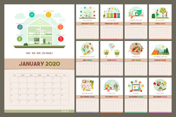 Go green wall calendar 2020 with eco friendly tips and advices for a sustainable zero waste living, grid planner with recycled paper texture