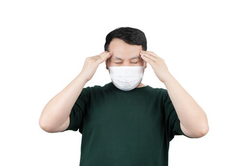 Young asian sick man wearing protective mask, feeling headache and fever, isolated on white background. Healthcare concept