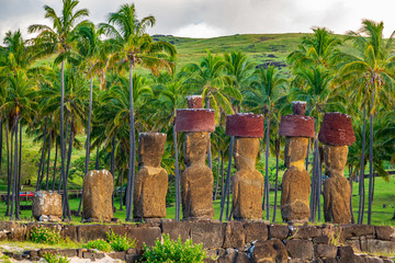 Ahu Nau Nau rear view against palm trees, Rapa Nui