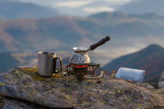 Hot coffee high in the mountains.