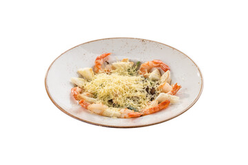 Healthy Grilled Caesar Salad with shrimp, parmesan Cheese and Croutons isolated on white background