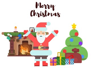 Obraz na płótnie Canvas Santa Claus near the fireplace and Christmas tree