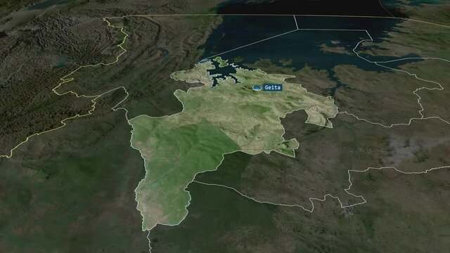 Geita - region of Tanzania with its capital zoomed on the satellite map of the globe. Animation 3D