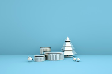 Merry Christmas and Happy New Year 3d rendering with xmas balls, christmas tree, platform for...