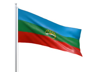 Karachay-Cherkessia Republic (Federal subject of Russia) flag waving on white background, close up, isolated. 3D render