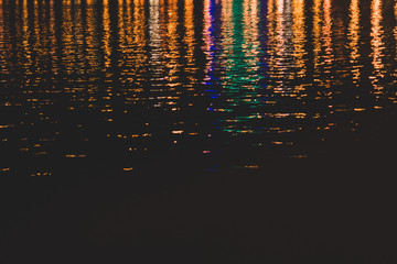 Blurred colorful lights reflect on water surface with ripples in the dark night. abstract texture