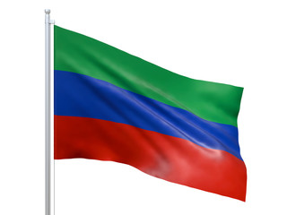 Fototapeta na wymiar Dagestan Republic (Federal subject of Russia) flag waving on white background, close up, isolated. 3D render