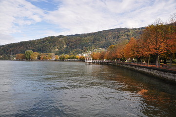 Fototapeta premium the pavilion on the Lake Constance with colorful trees in autumn, Bregenz, Voralberg, Austria