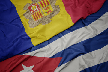 waving colorful flag of cuba and national flag of andorra.