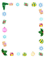 Festive frame with gifts, fir branches, Holly and snowflakes. Watercolor illustration on a white background for decoration of Christmas cards, posters, invitations and greetings.