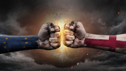 EU vs EU. Fists with flags. Battle EU with England on sky.