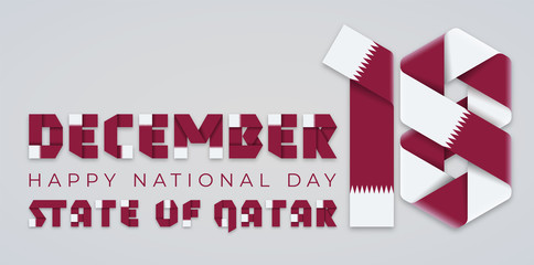 December 18, Qatar National Day congratulatory design with Qatari flag elements. Vector illustration.