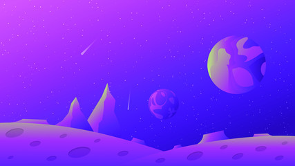 Space landscape, planets, stars, mountains. In a simple flat style.