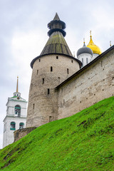 Pskov, the Middle tower of Pskov Krom and Trinity Cathedral