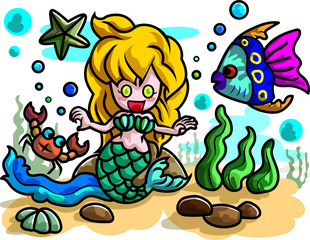 little cute mermaid in deep sea with animal