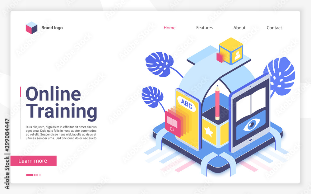 Poster online training vector isometric landing page template. e learning website homepage interface layout