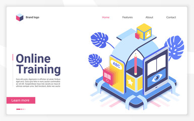 Online training vector isometric landing page template. E learning website homepage interface layout. Distant education. Internet courses. Remote studying web banner, webpage 3D concept
