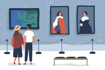 Couple visiting art gallery, museum flat vector illustration. People viewing showpieces at exhibition. Tourists looking at paintings at display hall. Man and woman enjoying artworks. - obrazy, fototapety, plakaty