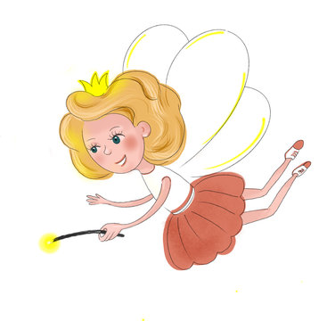Girl fairy with wings and a magic wand. Hand drawn illustration isolated on white background