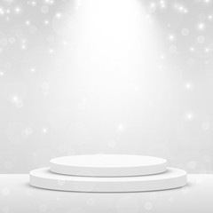 Stage Podium Scene for Award Ceremony illuminated with spotlight. Award ceremony concept. Stage backdrop.