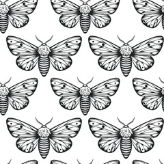 Fototapeta premium seamless pattern of moth, sketch style butterfly illustration, vector illustration isolated on white, tattoo design