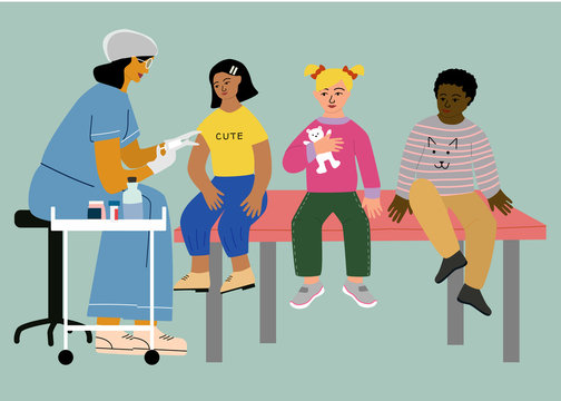 Children vaccination and immunization concept. Doctor pediatrician with syringe and gloves vaccinate a kid girl. other children wait in a queue. Flat colorful vector illustration.